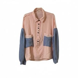 POL Gauze Colorblock Waffle Knit Sleeve Button-Up Shirt Size Small 100% Cotton